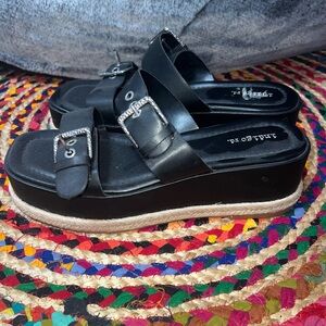 Indigo rd. Black and Tan Platform Sandals with Silver Buckles